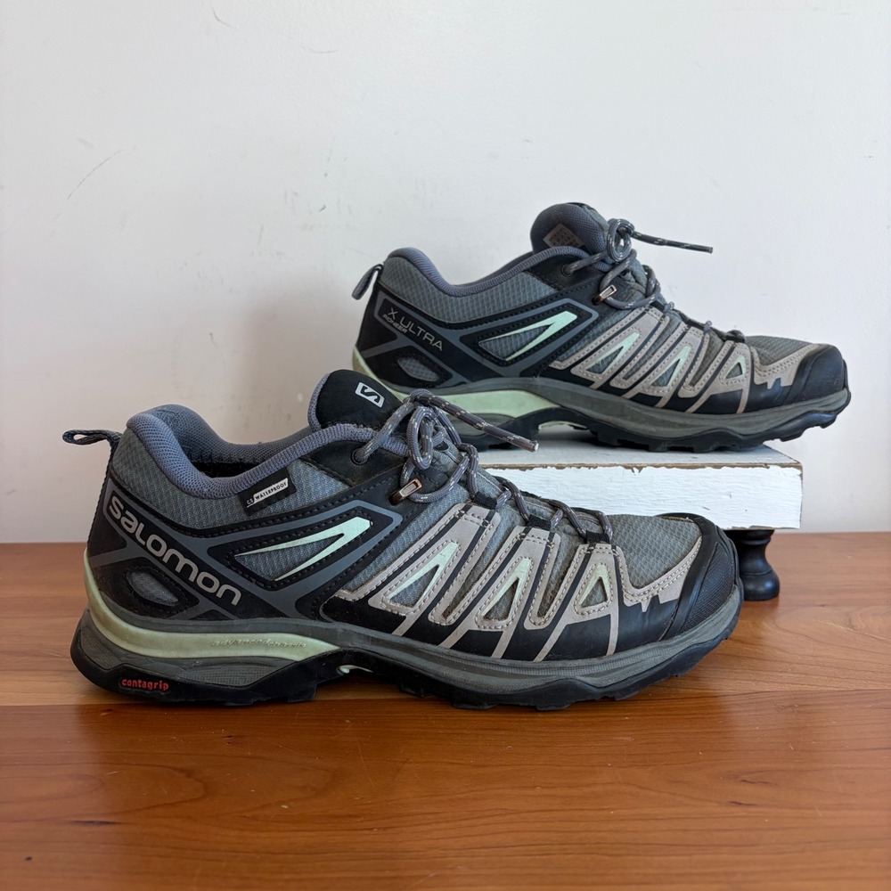 Salomon X Ultra Pioneer CSWP Waterproof Hiking Shoes Grey Green 416709 Womens 9
